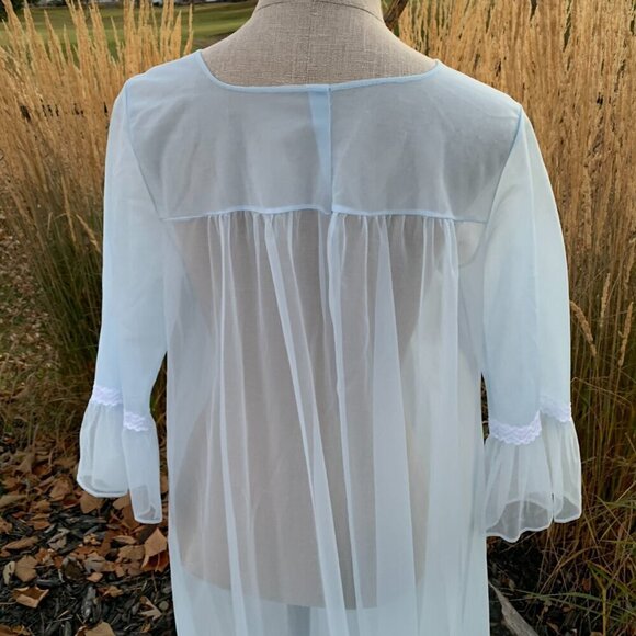 Vintage Sheer Chiffon Peignoir Robe Handmade Pastel Blue Dressing Gown - Picture 6 of 13